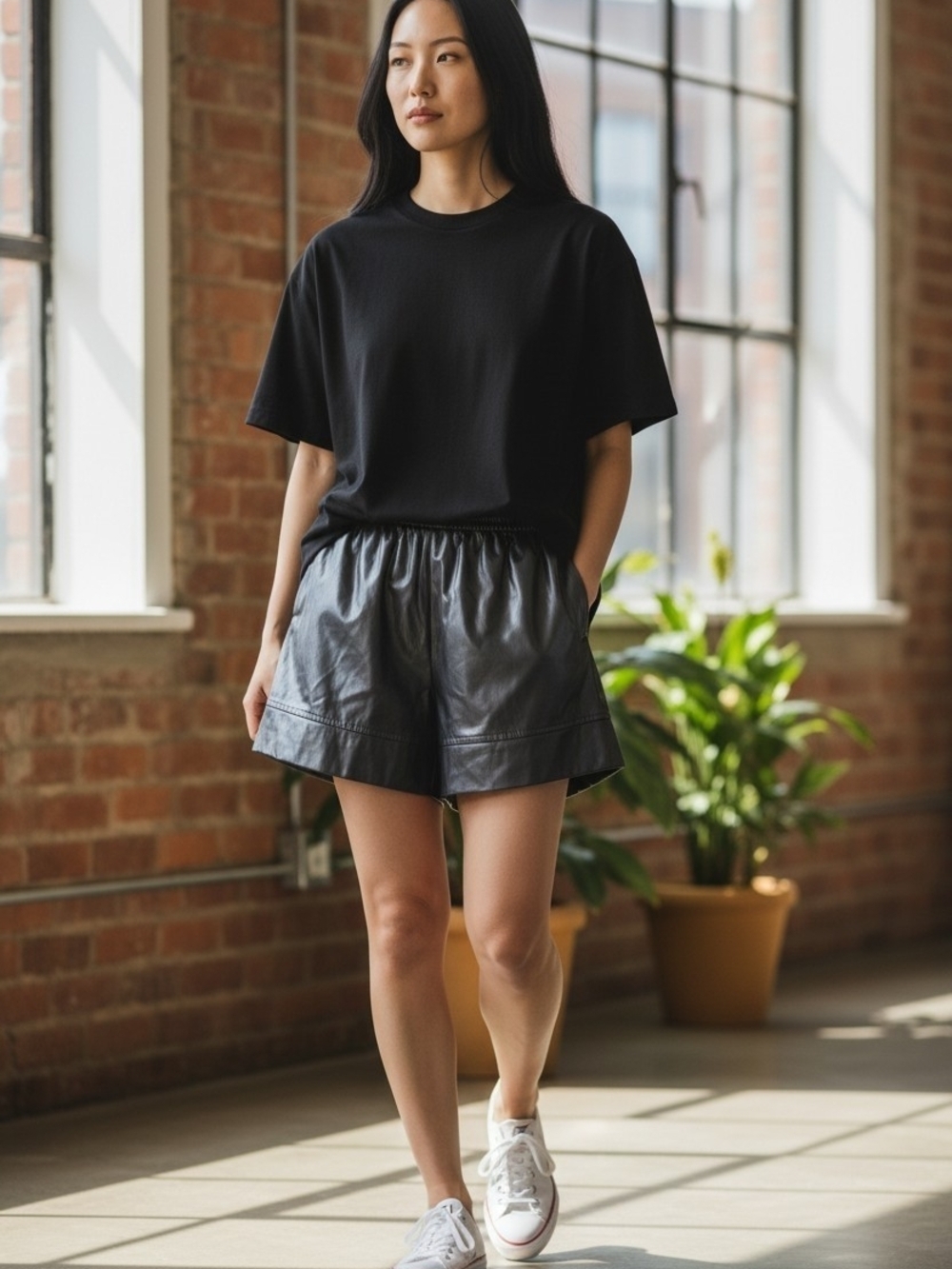 High Waist Black Faux Leather Shorts - Women - Picture 2 of 7
